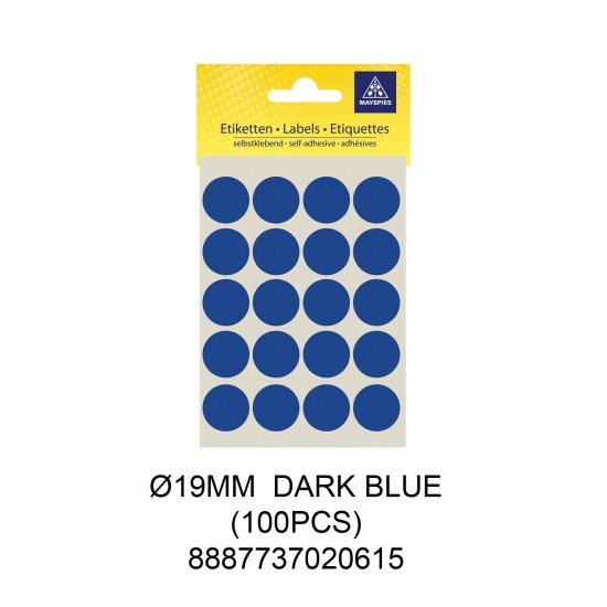MAYSPIES MS019 COLOUR DOT LABEL / 5 SHEETS/PKT / 100PCS / ROUND 19MM DARK BLUE